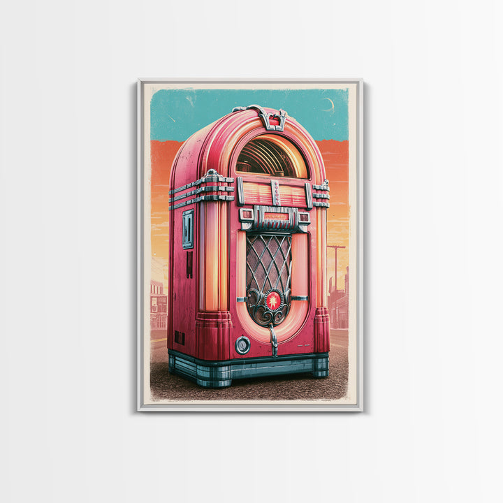 Jukebox Glowing in Red and Chrome Framed Canvas Print, Retro Art, Art Nouveau, Living Room Decor, Retro, Bedroom Wall Art, RET-2x3-28