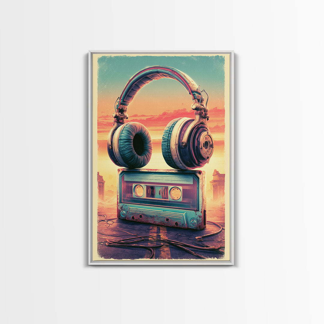 Cassette Tape and Headphones Graphic Framed Canvas Print, Retro Art, Wall Art, Living Room Decor, Fine Art, Retro, Original Art, RET-2x3-38