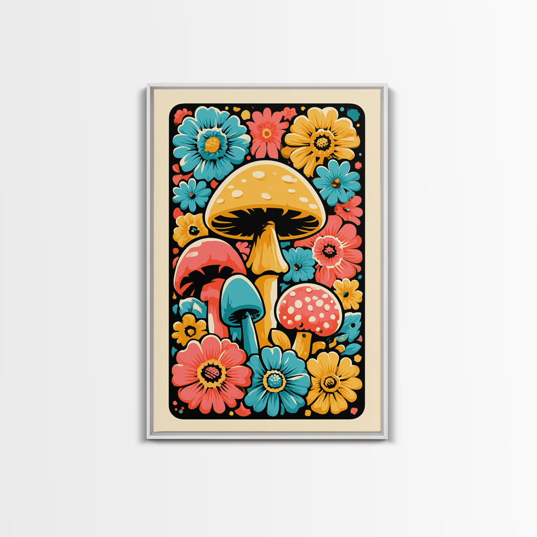 Funky Mushroom and Flower Pattern Canvas Print, Retro Art, Poster, Living Room Decor, Watercolor Art, Retro, Abstract Art, RET-2x3-79