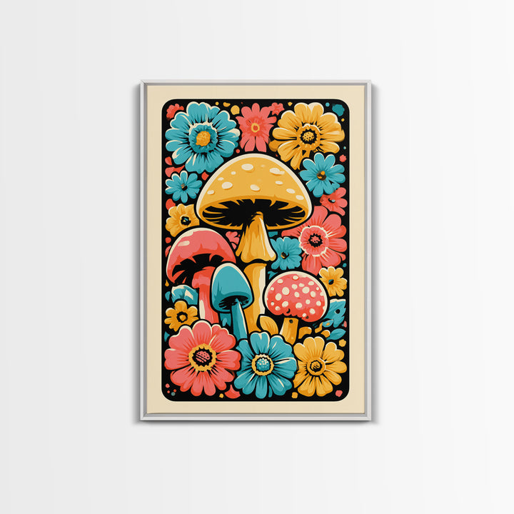 Funky Mushroom and Flower Pattern Canvas Print, Retro Art, Poster, Living Room Decor, Watercolor Art, Retro, Abstract Art, RET-2x3-79