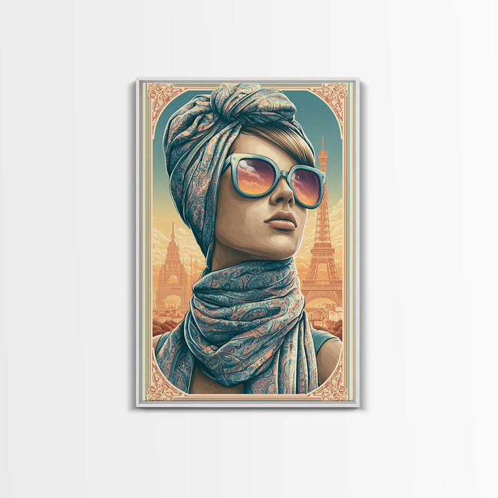 Mod Woman in Sunglasses and Scarf Framed Canvas Print, Retro Art, Printable Wall Art, Living Room Decor, Fine Art, Retro, RET-2x3-88