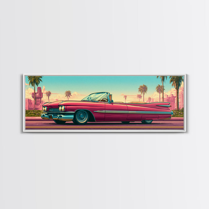 Classic Convertible at Pink Sunset Framed Canvas Print, Retro Art, Digital Prints, Living Room Decor, Fine Art, Retro, RET-3x1-2