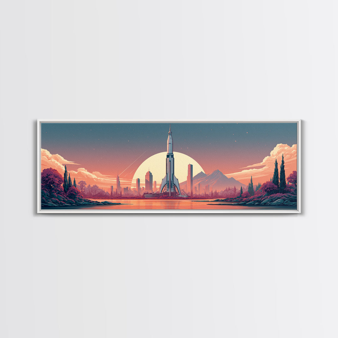 Space Age Rocket Poster Scene Framed Canvas Print, Retro Art, Wall Decor, Living Room Decor, Fine Art, Retro, Apartment Decor, RET-3x1-47