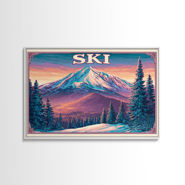 Retro Ski Poster Mountain Scene Framed Canvas Print, Retro Art, Fine Art Print, Living Room Decor, Fine Art, Retro, Wall Decor, RET-3x2-100