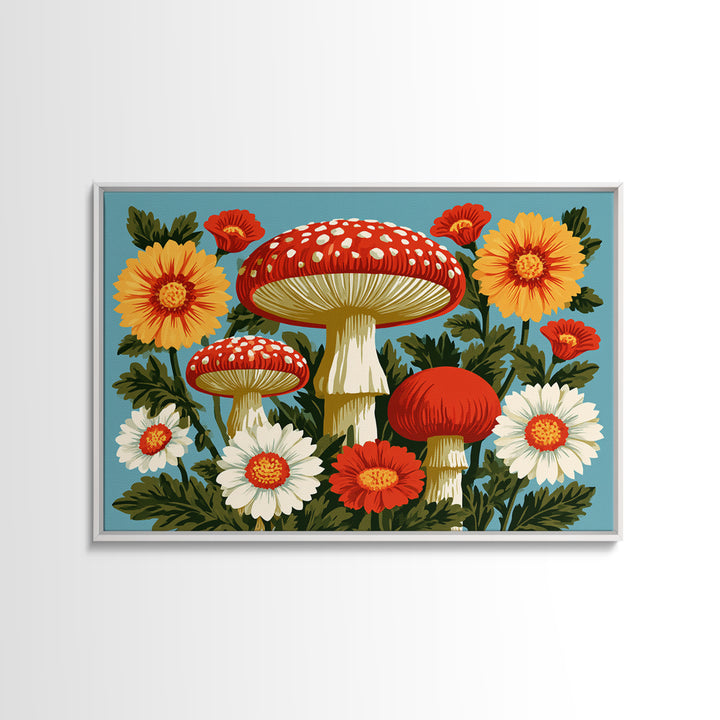 Funky Mushroom and Flower Pattern Framed Canvas Print, Retro Art, Abstract Wall Art, Living Room Decor, Fine Art, Retro, RET-3x2-27