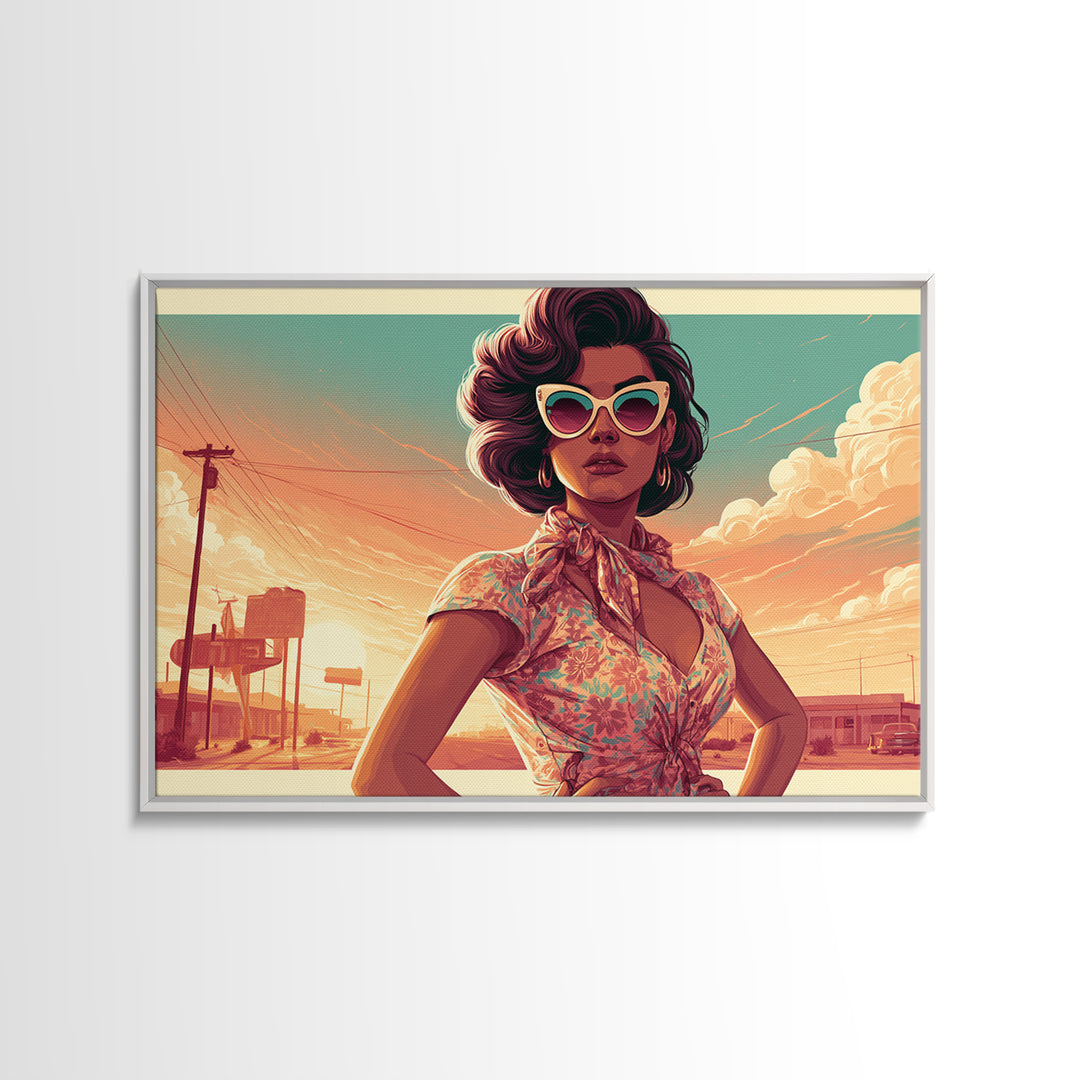 Mod Woman in Sunglasses and Scarf Framed Canvas Print, Retro Art, Floral Wall Art, Living Room Decor, Fine Art, Retro, RET-3x2-60