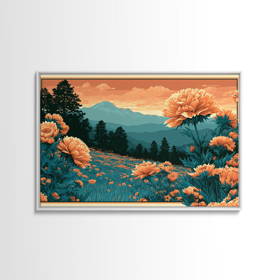 Retro Floral Pattern Framed Canvas Print, Retro Art, Movie Poster, Living Room Decor, Oil Painting, Retro, Wall Art Print, RET-3x2-63