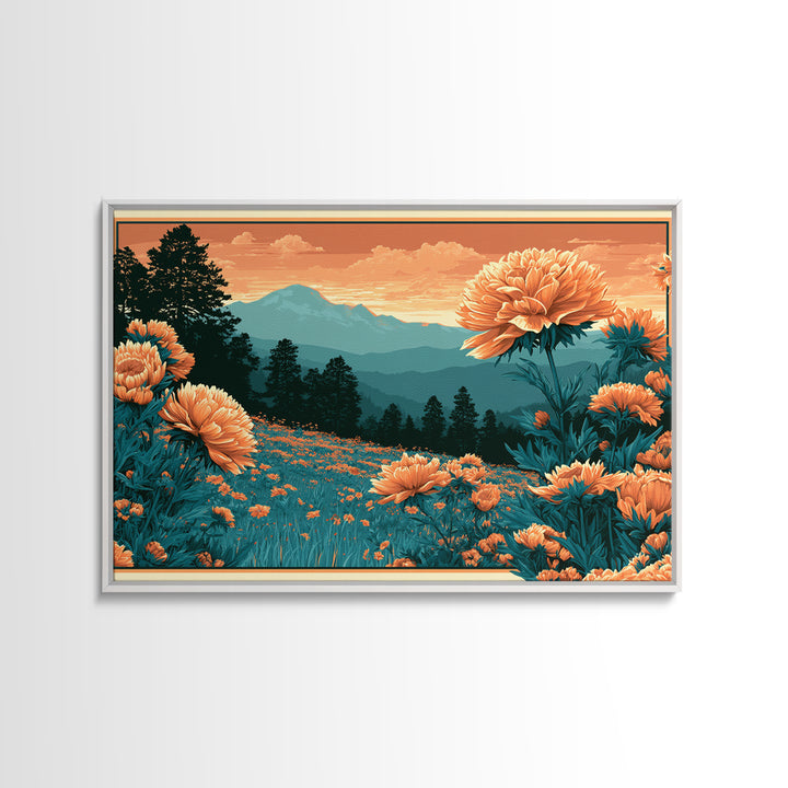 Retro Floral Pattern Framed Canvas Print, Retro Art, Movie Poster, Living Room Decor, Oil Painting, Retro, Wall Art Print, RET-3x2-63