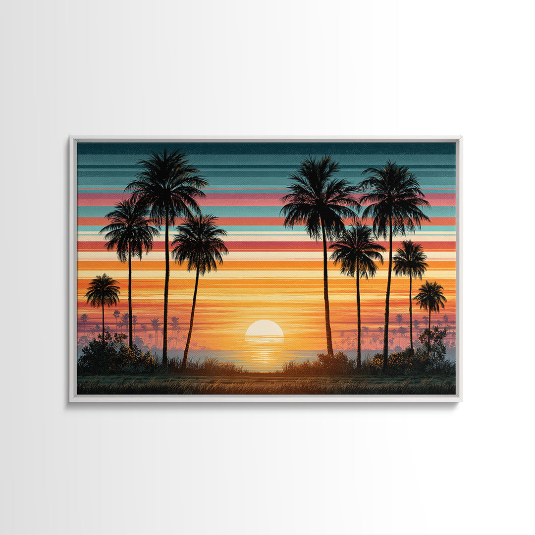 70s Sunset Stripes Framed Canvas Print, Retro Art, Bedroom Wall Art, Living Room Decor, Watercolor Art, Retro, Art Print, RET-3x2-79