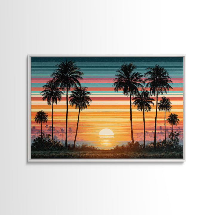 70s Sunset Stripes Framed Canvas Print, Retro Art, Bedroom Wall Art, Living Room Decor, Watercolor Art, Retro, Art Print, RET-3x2-79