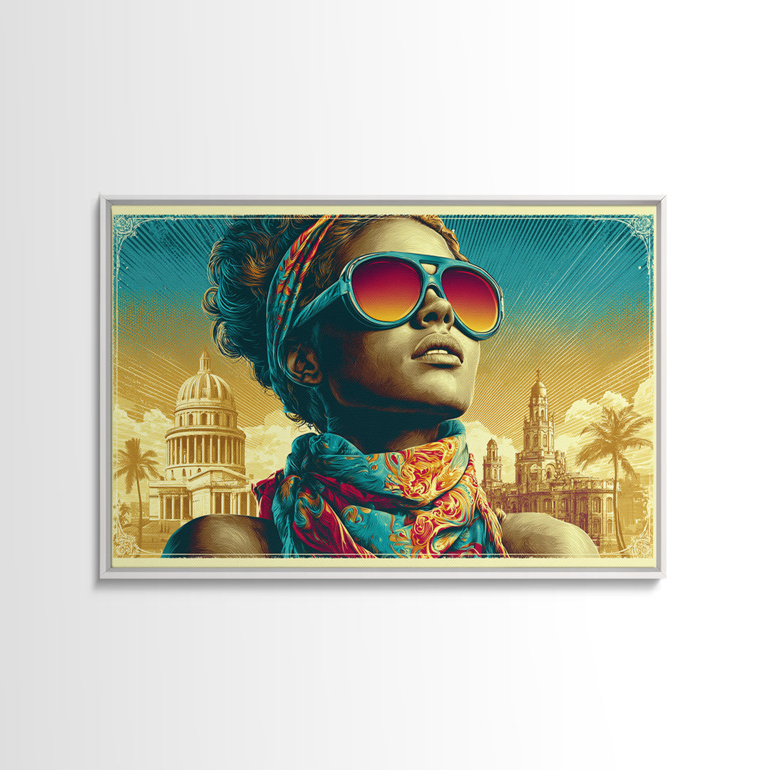 Mod Woman in Sunglasses and Scarf Canvas Print, Retro Art, Boho Decor, Living Room Decor, Retro, Posters, Digital Prints, RET-3x2-84