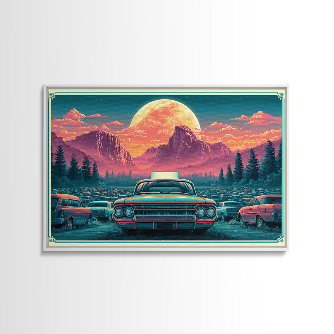 Drive in Movie Scene with Moonlit Cars Framed Canvas Print, Retro Art, Luxury Decor, Living Room Decor, Fine Art, Retro, RET-3x2-92
