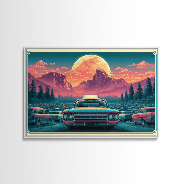 Drive in Movie Scene with Moonlit Cars Framed Canvas Print, Retro Art, Luxury Decor, Living Room Decor, Fine Art, Retro, RET-3x2-92
