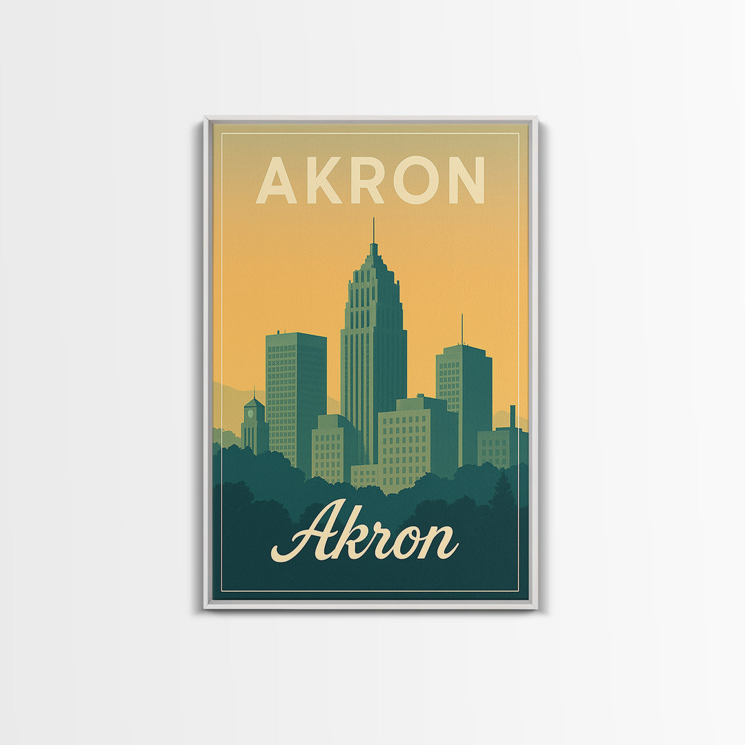 Akron Ohio Travel Poster, Canvas Print, Retro Sunset Skyline Art, Akron Travel Art, Fine Art Print, Mid Century Wall Art, Travel Decor