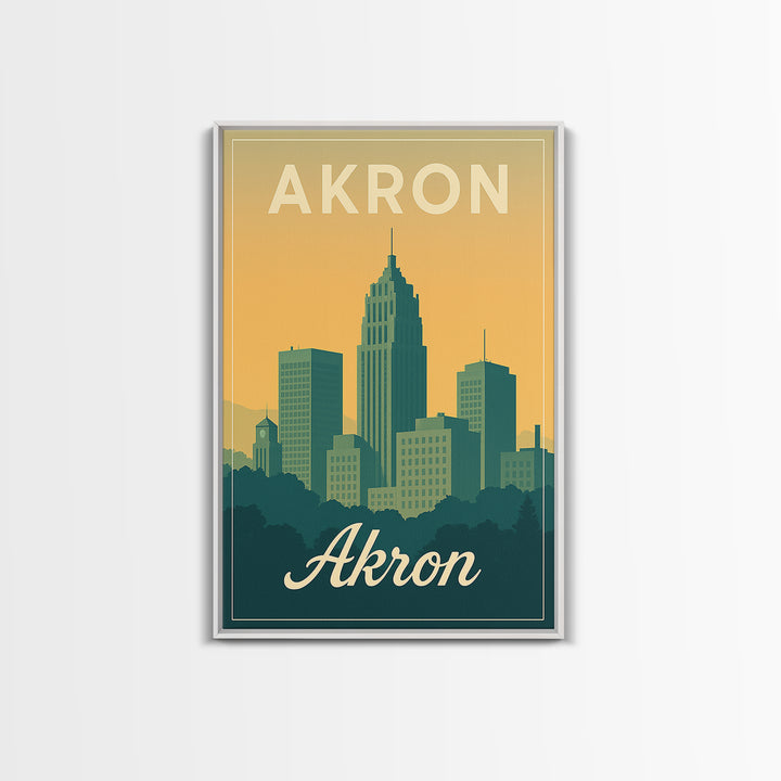 Akron Ohio Travel Poster, Canvas Print, Retro Sunset Skyline Art, Akron Travel Art, Fine Art Print, Mid Century Wall Art, Travel Decor
