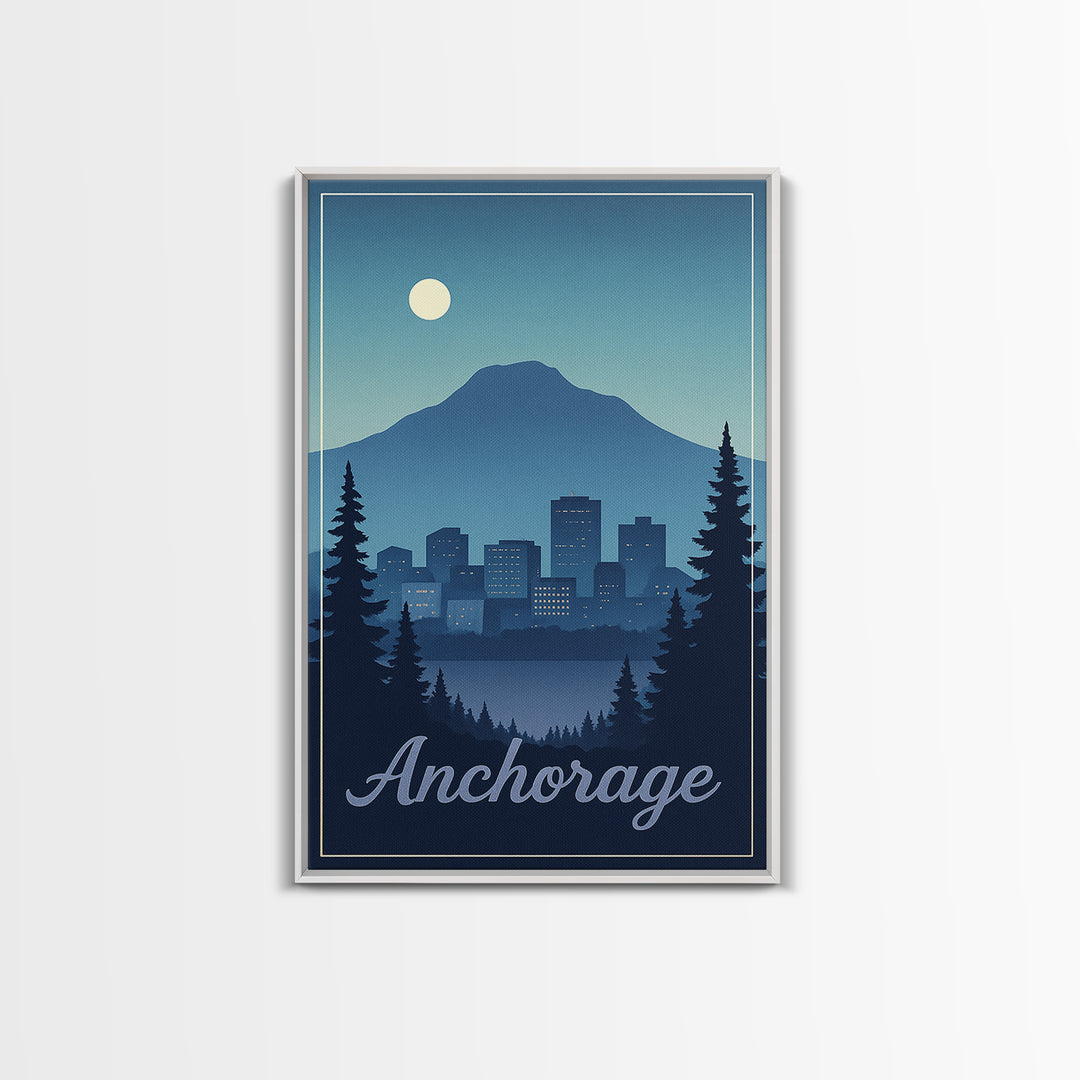 Anchorage Travel Poster, Framed Canvas Print, Retro Sunset Skyline Art, Anchorage City Art, Travel Poster Art, Travel Wall Decor