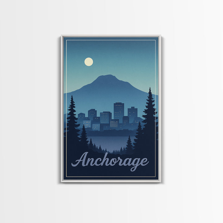 Anchorage Travel Poster, Framed Canvas Print, Retro Sunset Skyline Art, Anchorage City Art, Travel Poster Art, Travel Wall Decor