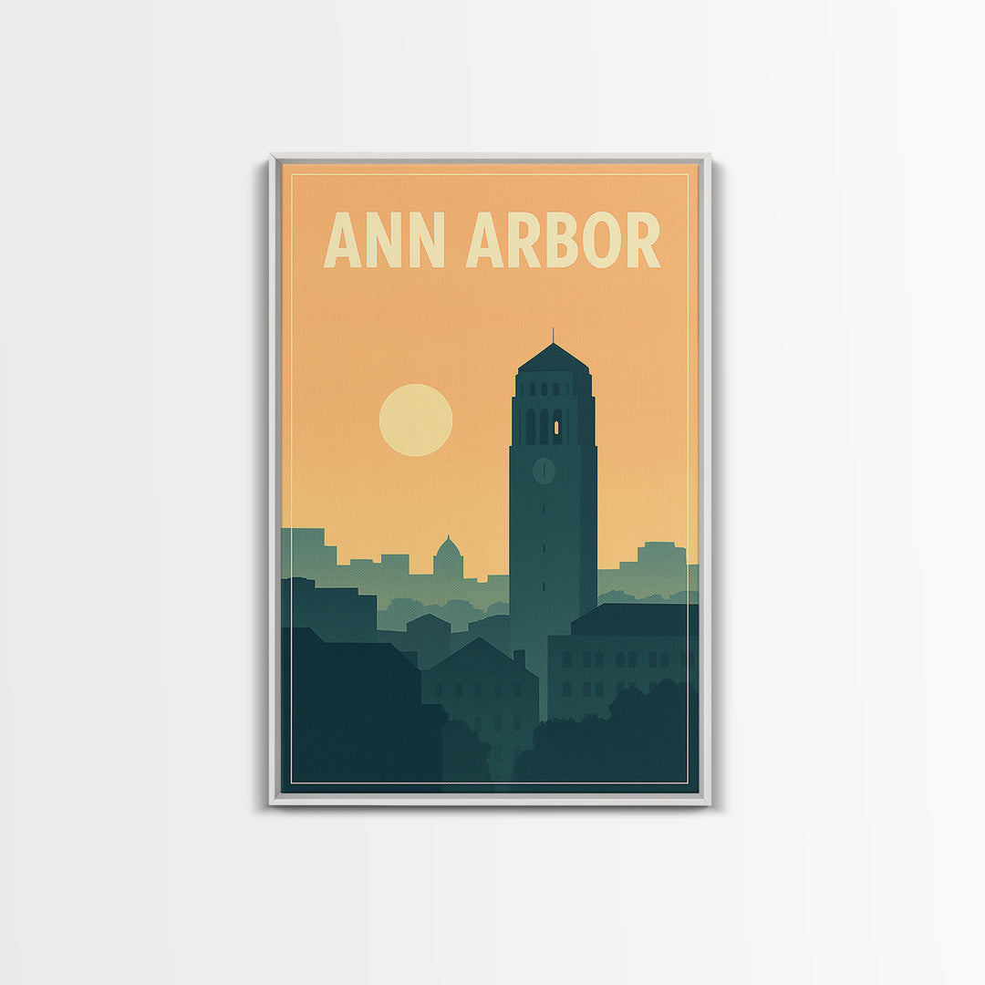 Ann Arbor Travel Poster, Framed Canvas Print, Retro Sunset Skyline Art, Ann Arbor Art Print, Travel Wall Art, City Art Print, Home Decor