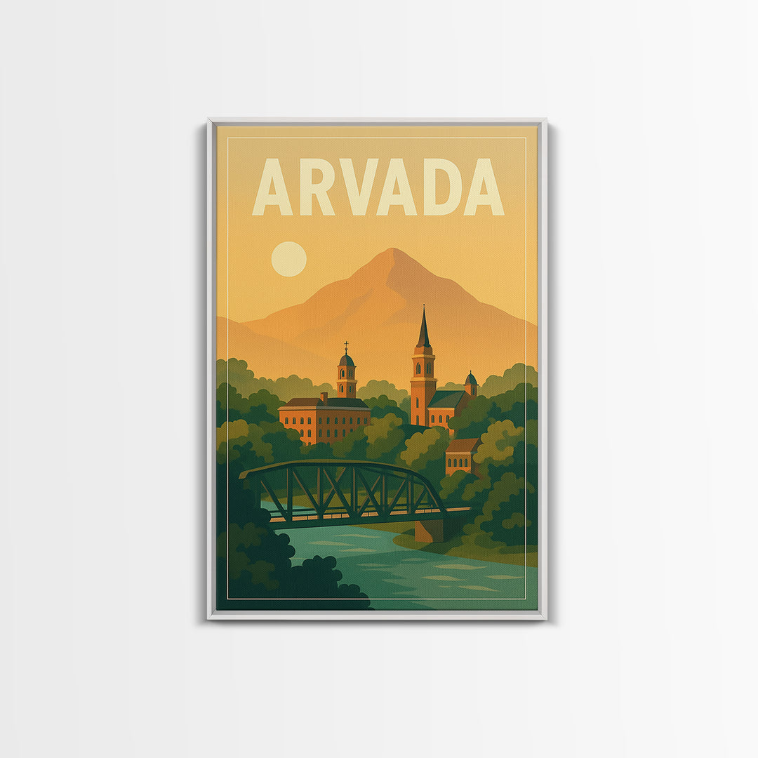 Arvada Travel Poster, Canvas Print, Mid Century City Wall Art, Arvada Poster Print, City Art Print, Wall Decor, Watercolor City Skyline