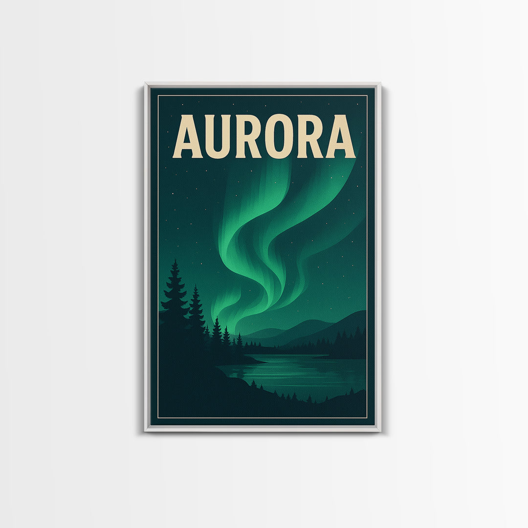 Aurora Travel Poster, Framed Canvas Print, Retro Sunset Skyline Art, Aurora Art Print, City Illustration, Vintage City Poster, Design 2