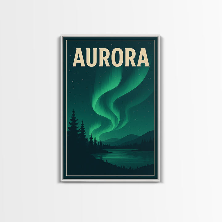 Aurora Travel Poster, Framed Canvas Print, Retro Sunset Skyline Art, Aurora Art Print, City Illustration, Vintage City Poster, Design 2