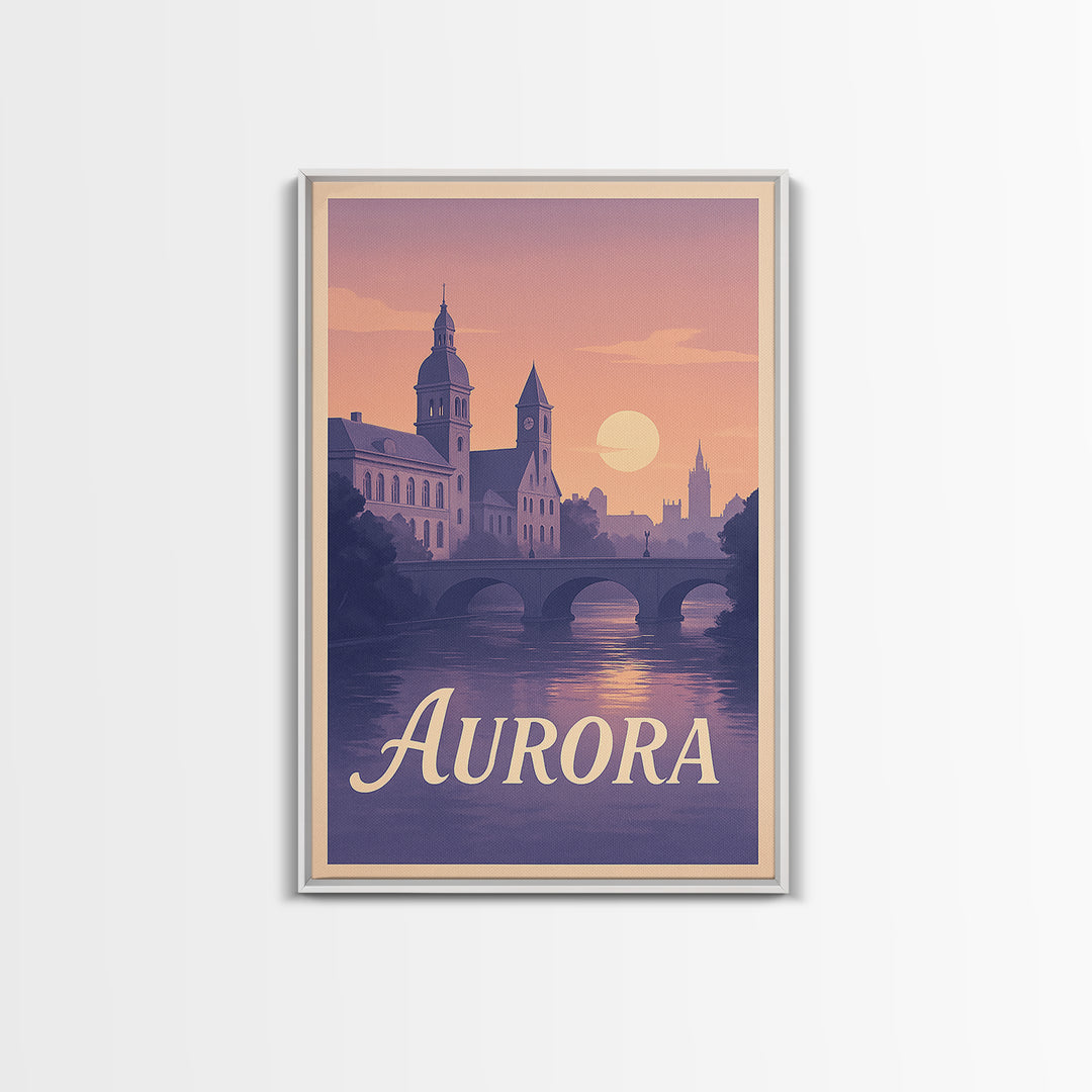 Aurora Travel Poster, Canvas Print, Mid Century City Wall Art, Aurora Wall Art, Gift For Travelers, City Illustration, Travel Wall Art