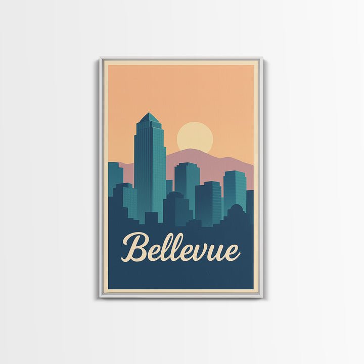 Bellevue Washington Travel Poster, Canvas Print, Retro Sunset Skyline Art, Bellevue Poster Print, Retro Travel Print, Art Print, Poster Art