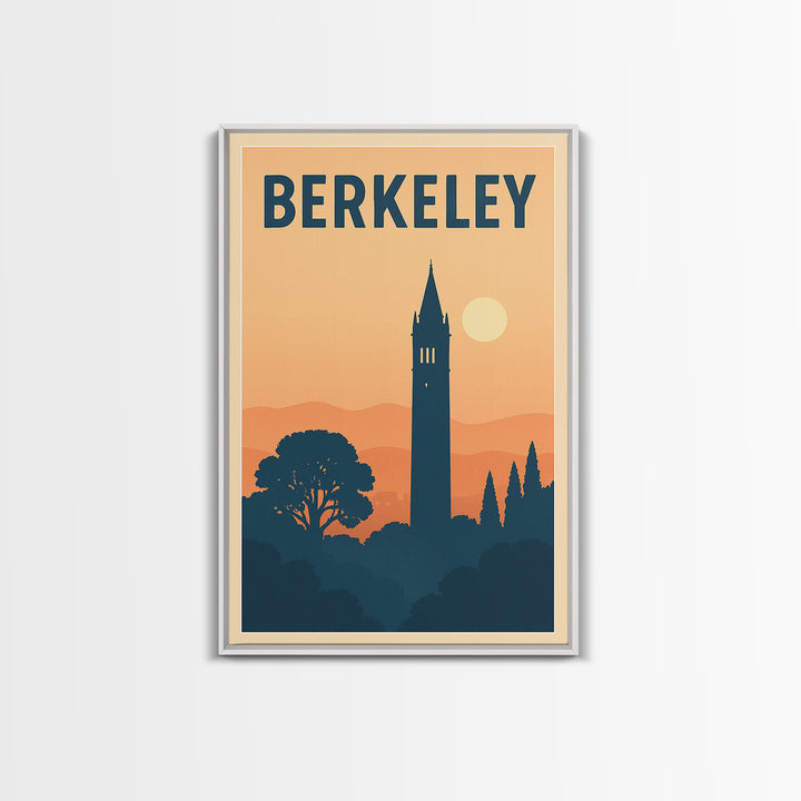 Berkeley Travel Poster, Framed Canvas Print, Retro Sunset Skyline Art, Berkeley Poster Print, Travel Wall Decor, Watercolor Urban Skyline
