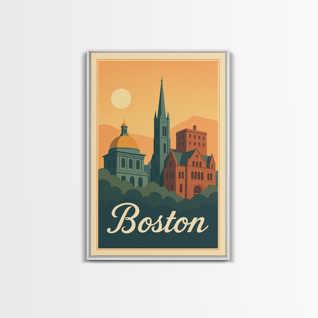 Boston Massachusetts Travel Poster, Framed Canvas Print, Retro Sunset Skyline Art, Boston Art Print, Mid Century Wall Art, City Illustration