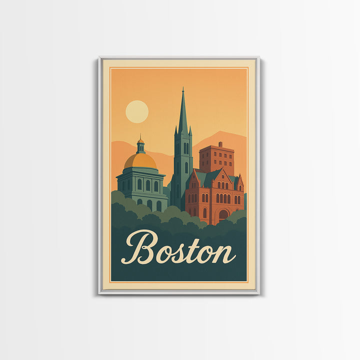 Boston Massachusetts Travel Poster, Framed Canvas Print, Retro Sunset Skyline Art, Boston Art Print, Mid Century Wall Art, City Illustration