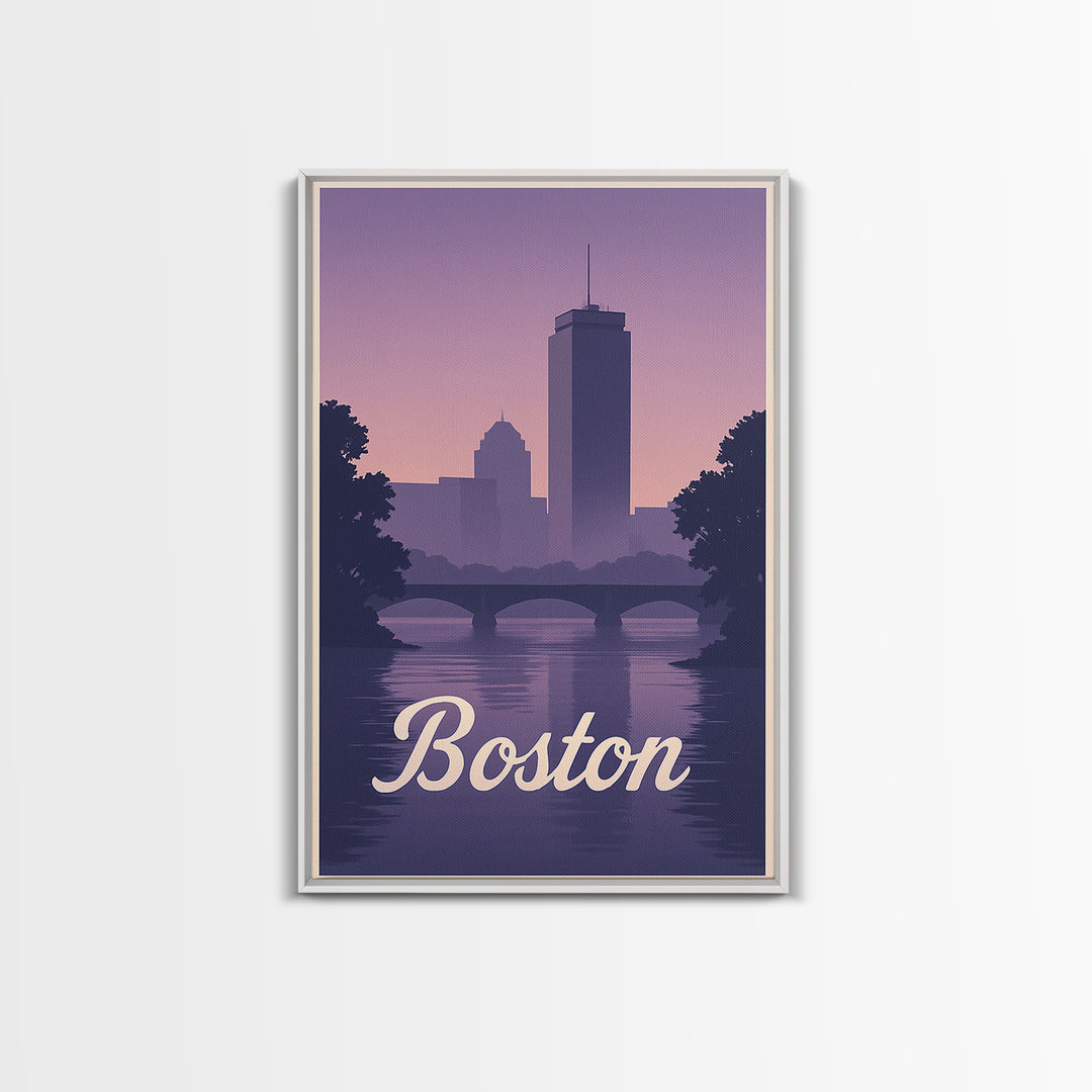 Boston Travel Poster, Canvas Print, Retro Sunset Skyline Art, Boston Travel Art, Living Room Wall Art, Vintage Travel Print, Travel Gift
