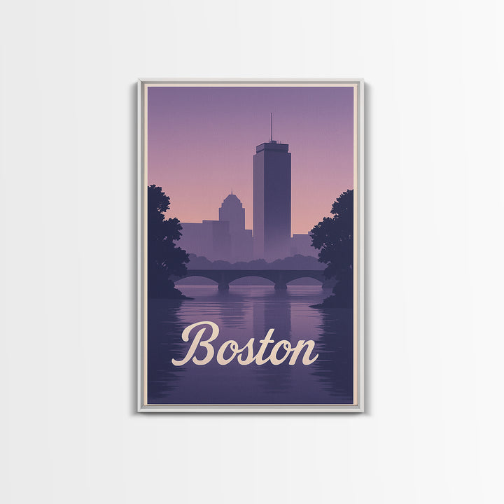 Boston Travel Poster, Canvas Print, Retro Sunset Skyline Art, Boston Travel Art, Living Room Wall Art, Vintage Travel Print, Travel Gift