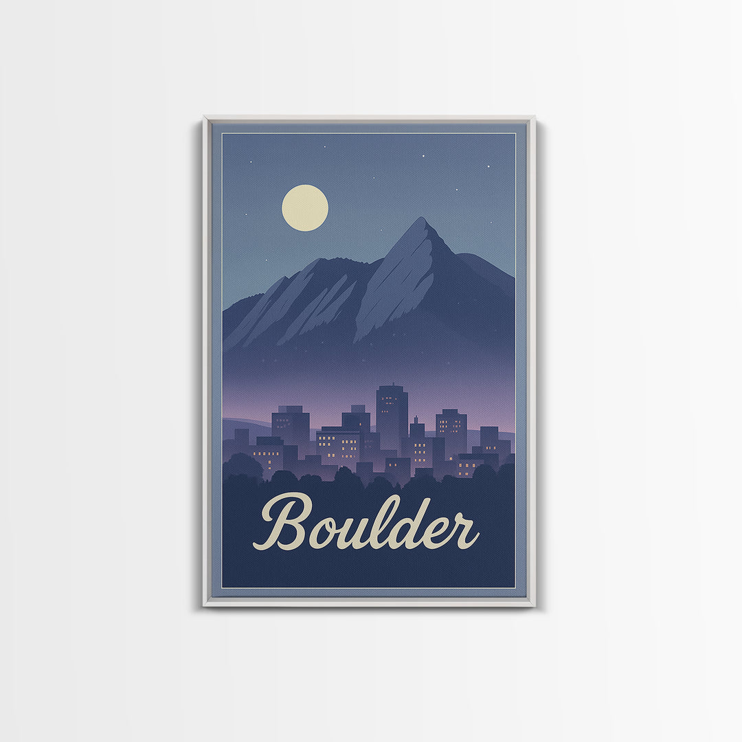 Boulder Travel Poster, Framed Canvas Print, Retro Sunset Skyline Art, Boulder Wall Art, Gift For Travelers, Modern Wall Decor, Wall Art