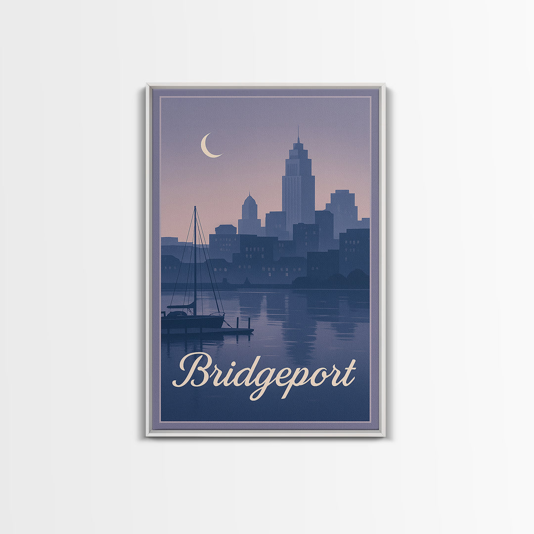 Bridgeport Travel Poster, Framed Canvas Print, Mid Century City Wall Art, Bridgeport City Art, Wanderlust Decor, Retro Travel Print