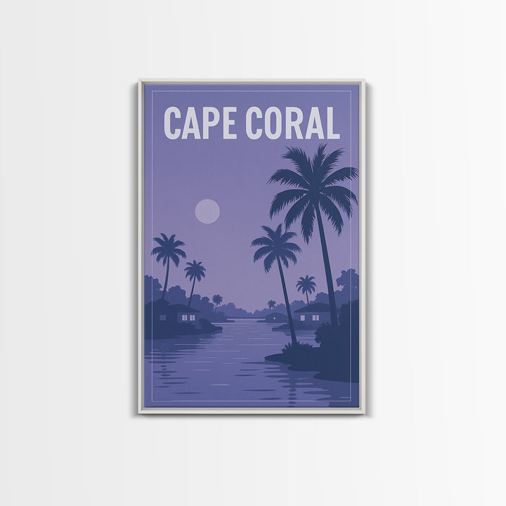 Cape Coral Florida Travel Poster, Framed Canvas Print, Retro Sunset Skyline Art, Cape Coral City Art, Fine Art Print, Mid Century Wall Art