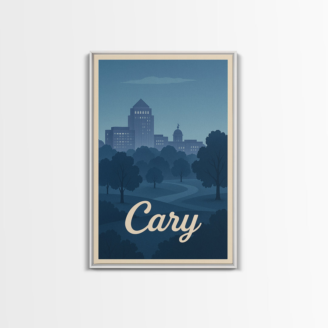 Cary Travel Poster, Framed Canvas Print, Mid Century City Wall Art, Cary Wall Art, Vintage Travel Print, Vintage City Art, City Poster