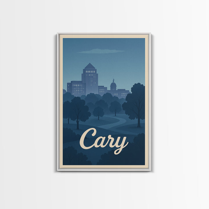 Cary Travel Poster, Framed Canvas Print, Mid Century City Wall Art, Cary Wall Art, Vintage Travel Print, Vintage City Art, City Poster