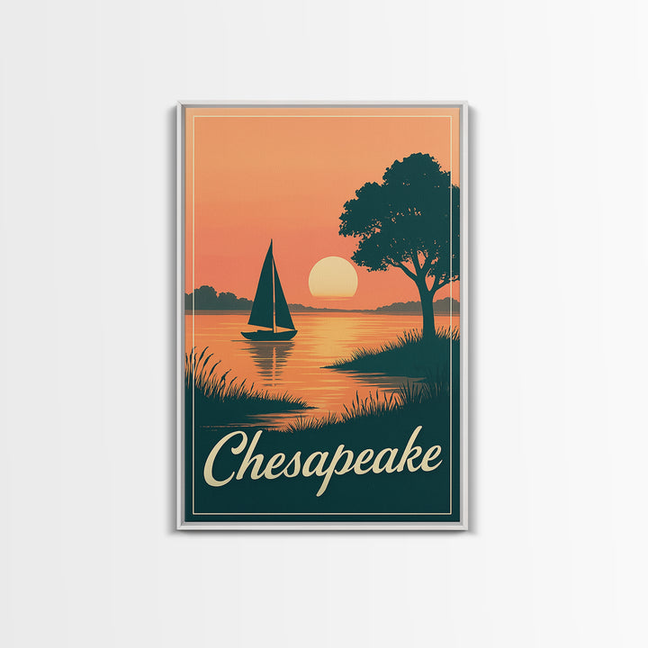 Chesapeake Virginia Travel Poster, Canvas Print, Retro Sunset Skyline Art, Chesapeake Poster Print, Vintage Travel Print, Travel Wall Art