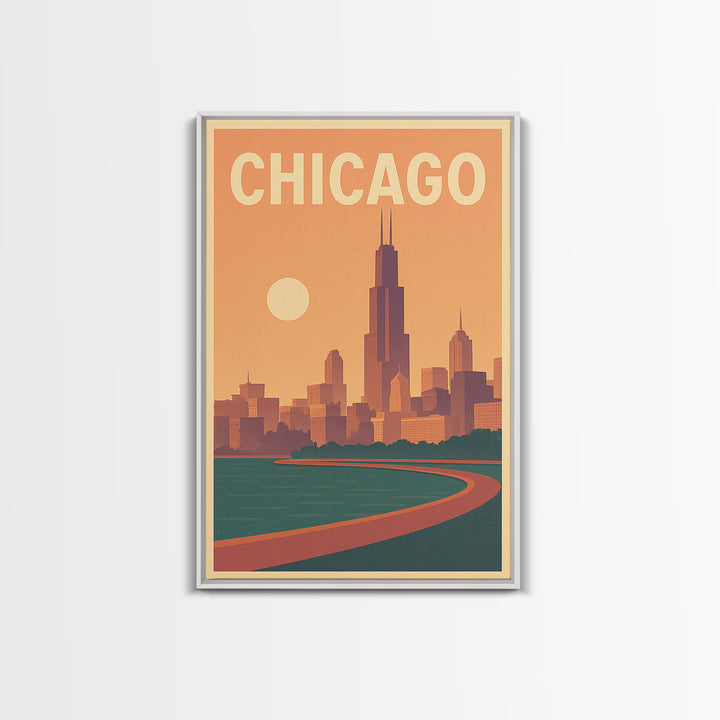 Chicago Illinois Travel Poster, Framed Canvas Print, Retro Sunset Skyline Art, Chicago Travel Art, Retro Travel Print, Home Office Decor