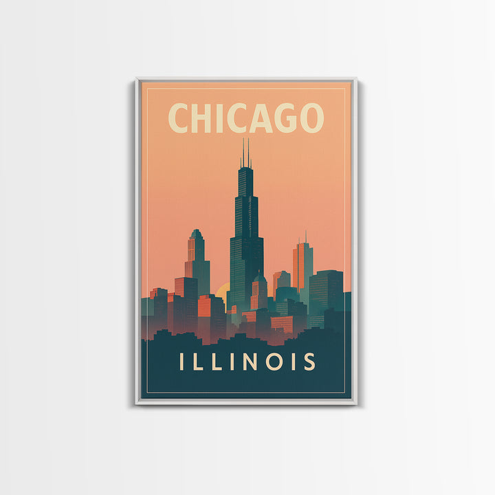 Chicago Travel Poster, Framed Canvas Print, Classic Travel Poster Art, Chicago Wall Art, Vintage City Poster, Mid Century Wall Art