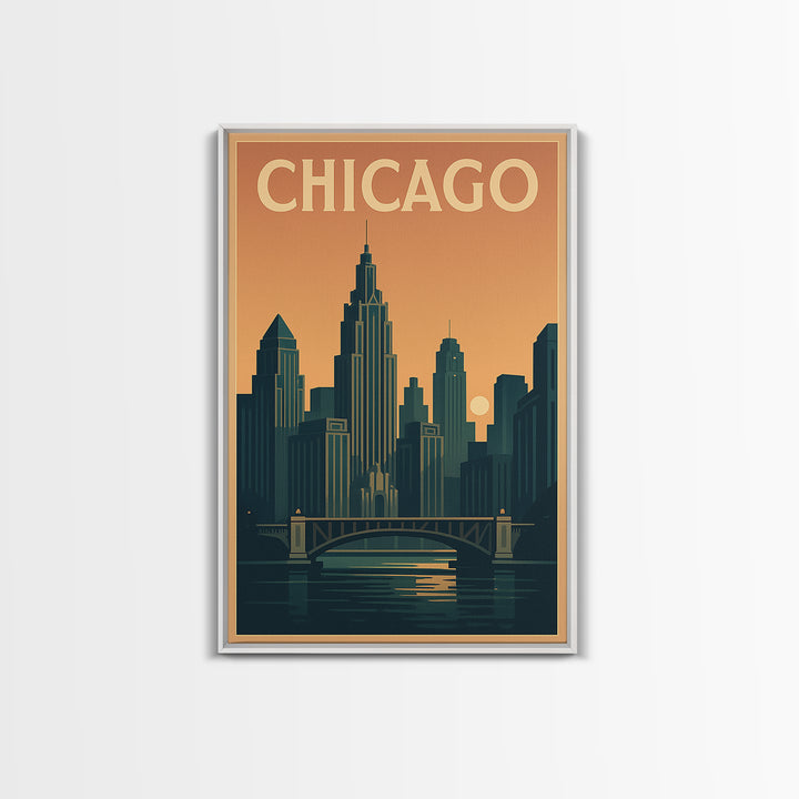 Chicago Travel Poster, Framed Canvas Print, Retro Sunset Skyline Art, Chicago Poster Print, Travel Poster Set, Vintage City Poster