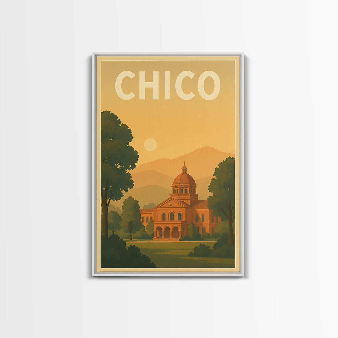 Chico Travel Poster, Framed Canvas Print, Mid Century City Wall Art, Chico Poster Print, City Illustration, Travel Poster Set, Design 2