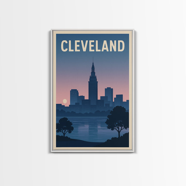 Cleveland Travel Poster, Framed Canvas Print, Mid Century City Wall Art, Cleveland City Art, City Illustration, Modern Wall Decor
