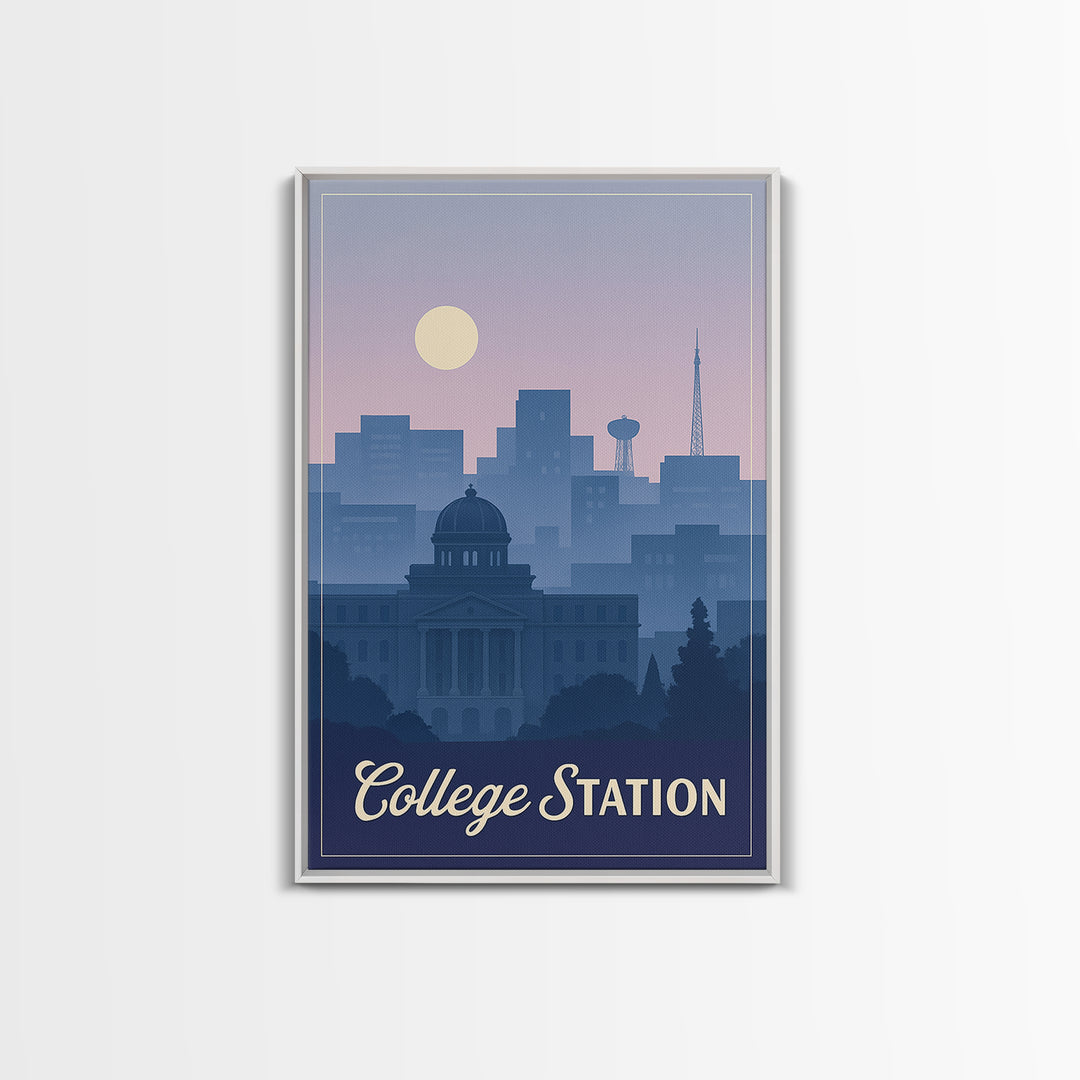 College Station Travel Poster, Framed Canvas Print, Retro Sunset Skyline Art, College Station City Art, Home Office Decor, Travel Art Print