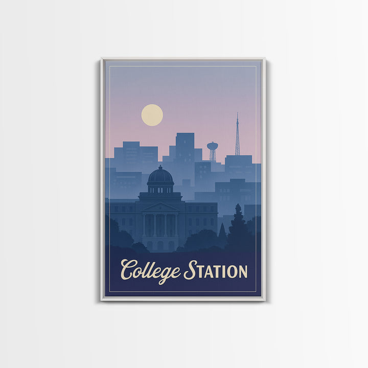 College Station Travel Poster, Framed Canvas Print, Retro Sunset Skyline Art, College Station City Art, Home Office Decor, Travel Art Print