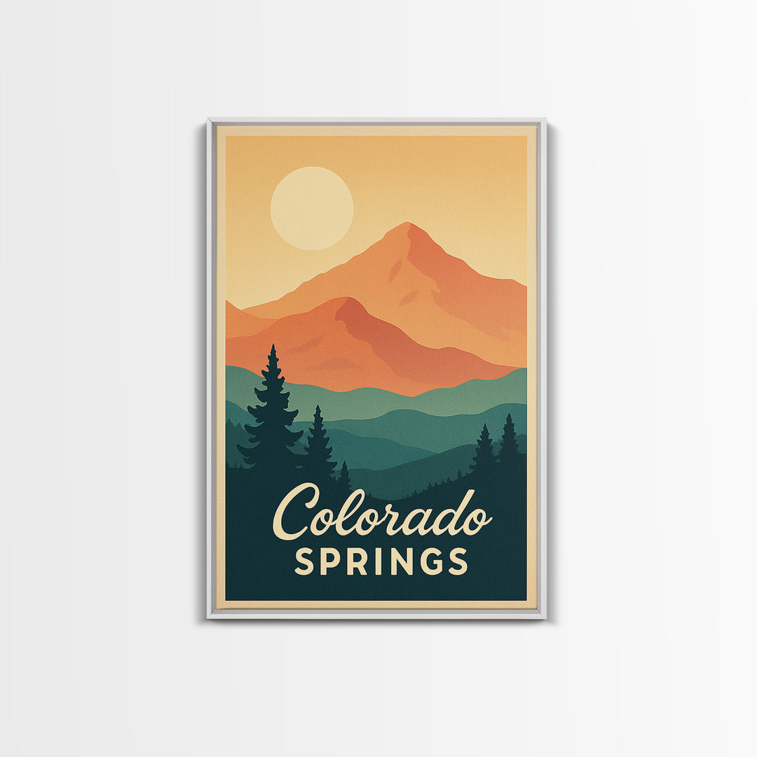 Colorado Springs Colorado Travel Poster, Framed Canvas Print, Retro Sunset Skyline Art, Colorado Springs Travel Art, Living Room Wall Art