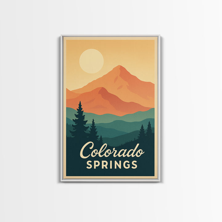 Colorado Springs Colorado Travel Poster, Framed Canvas Print, Retro Sunset Skyline Art, Colorado Springs Travel Art, Living Room Wall Art