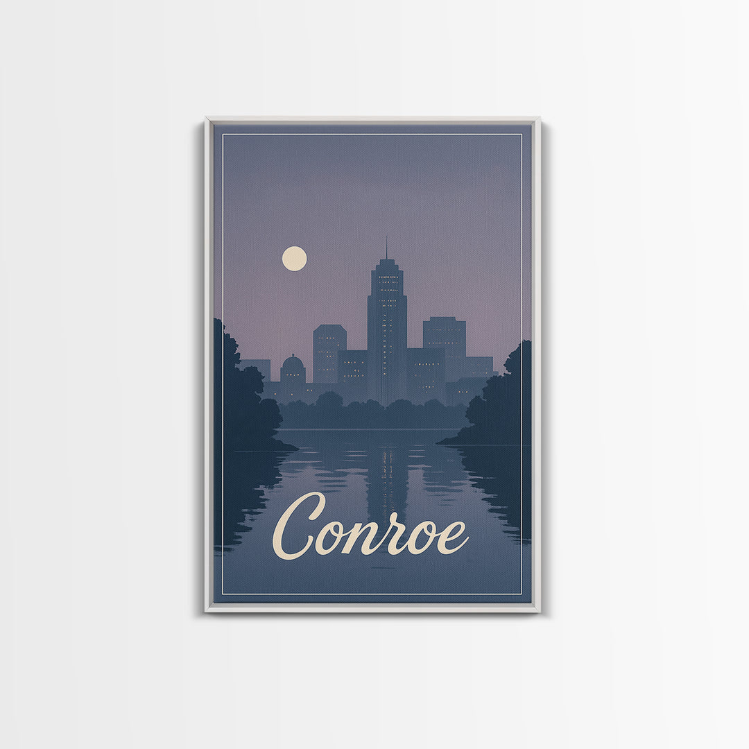Conroe Travel Poster, Framed Canvas Print, Mid Century City Wall Art, Conroe Travel Art, Living Room Wall Art, Vintage City Poster
