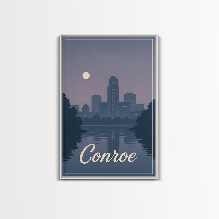 Conroe Travel Poster, Framed Canvas Print, Mid Century City Wall Art, Conroe Travel Art, Living Room Wall Art, Vintage City Poster