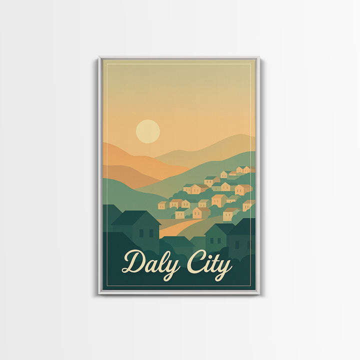 Daly City California Travel Poster, Canvas Print, Retro Sunset Skyline Art, Daly City Art Print, Gift For Travelers, Living Room Wall Art